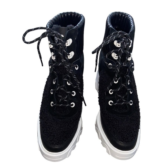 NWT Sorel Brex Heel Cozy Lace Booties in Black/Sea Salt Platform Chunky - Picture 7 of 11